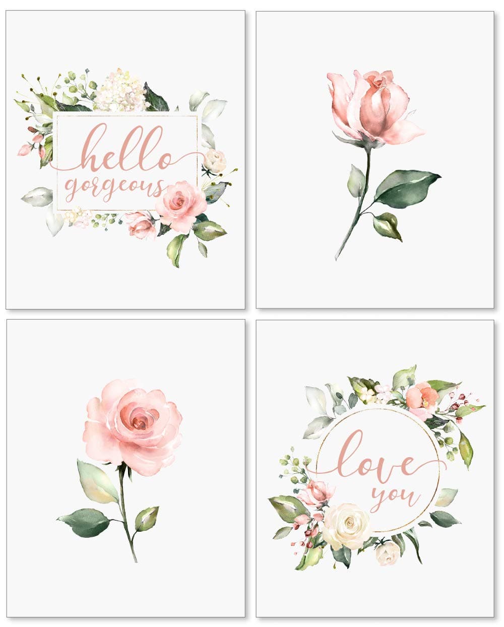 Confetti Fox Floral Nursery Wall Art Decor, Baby Girl Flowers Inspirational Quotes Hello Gorgeous Love, Pink Roses Botanical Watercolor Affirmations (8x10 Unframed Set of 4 Prints)
