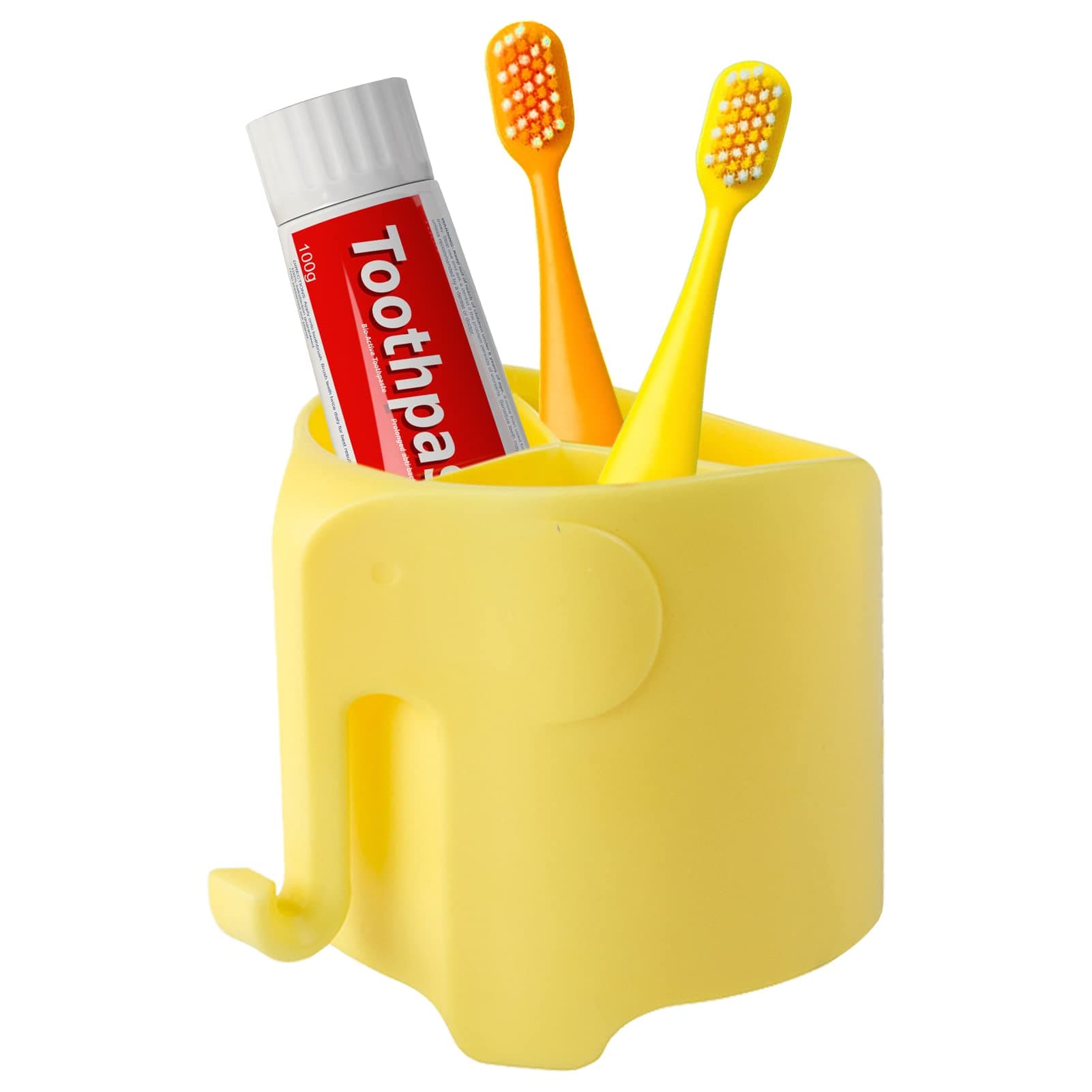 RyanLemon Elephant Toothbrush Holder for Kids, Suction Cup Electric Toothbrush and Toothpaste Holder for Toddler, Cute Toddler Toothbrush Holder with 3 Slots and a Hook for Hanging Bath Ball, Yellow