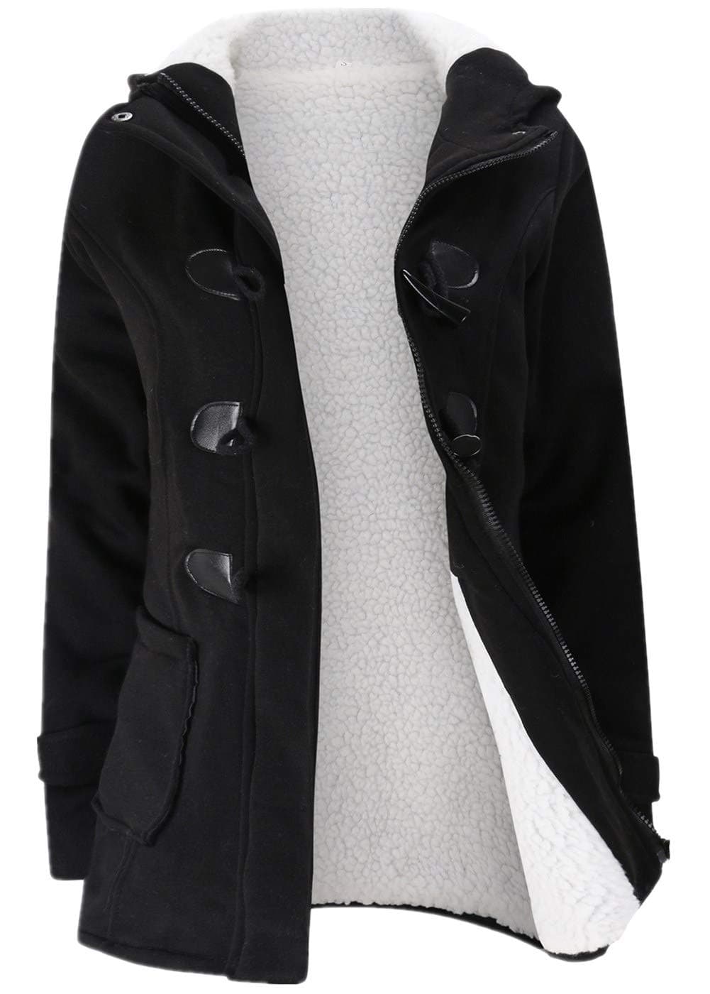 Womens Fashion Horn Button Fleece Thicken Coat with Hood Winter Warm Jacket