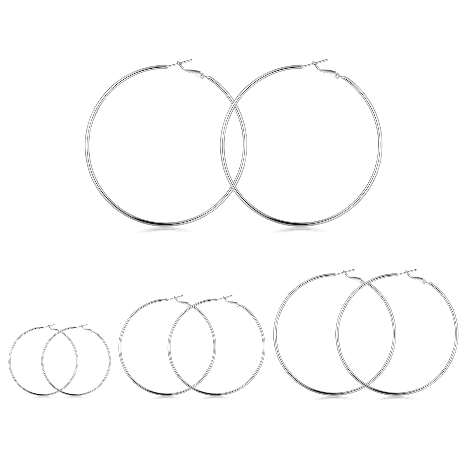 3 Pairs Sterling Silver Hoop Earrings, 14K White Gold Plated Big Hoop Earrings Set for Women 40 50 60MM