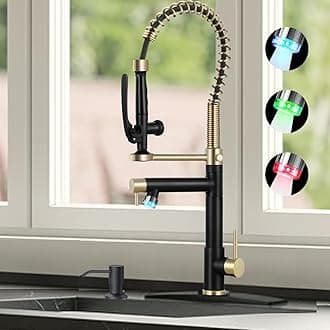 Smart Kitchen Faucet, 3 Modes Pull Down Sprayer, LED Temperature Control, Ceramic Valve,360-Degree Rotation,1 or 3 Hole Deck Plate, Double Spout. 10-Year Warranty. (KW-29RK, Gold/Black)