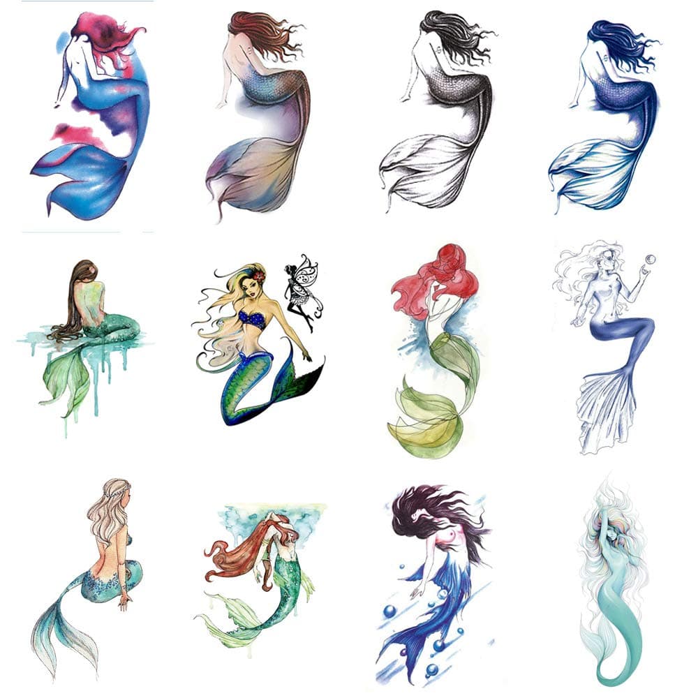 12 PCS Octopus Mermaid Temporary Tattoo Sticker for Women Men Fashion Body Art Adults Waterproof Hand Fake Tatoo 9.8X6cm W12-09