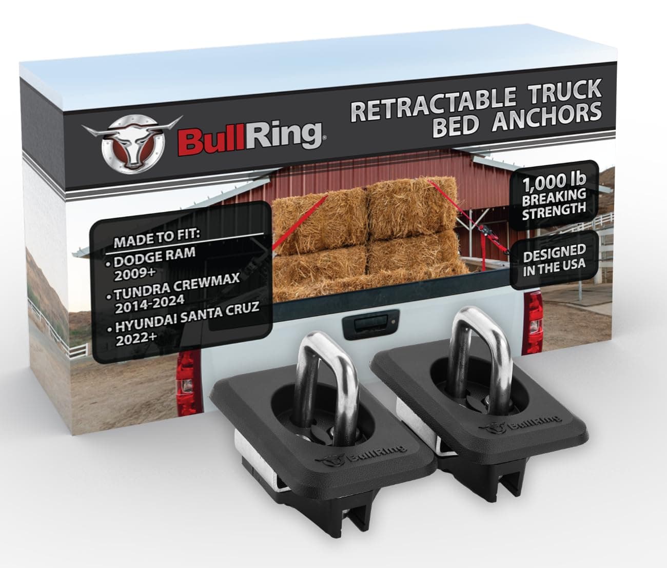 Bull Ring Raised Fit Retractable Truck Bed Tie Down Anchors, Built for 2009-2022 Dodge RAM 1500, 2500, 3500 Trucks & 2014-2019 Toyota Tundra CrewMax Trucks, Rail Cap Trim Required to Install (1 Pair)…