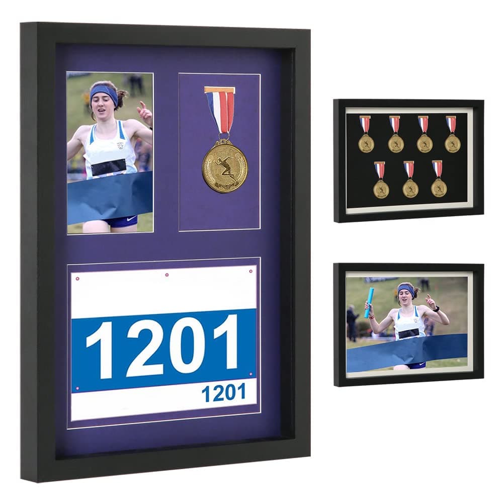 Shadow Box for Medals, Race Bibs, and Photos Display - 7 Medal Display Case - Large Medal Display Picture Frame for Marathon Runner, Race Winner, Military Awards, Triathlons & All Sports (Black, A3)