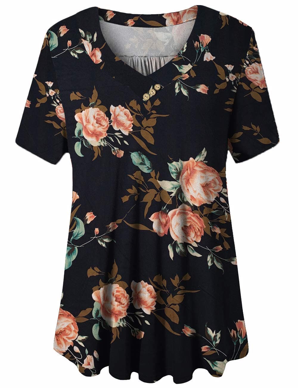 FOLUNSI Women’s Plus Size Short Sleeve Henley Shirt V Neck Floral Blouses Tunic Tops M-4XL