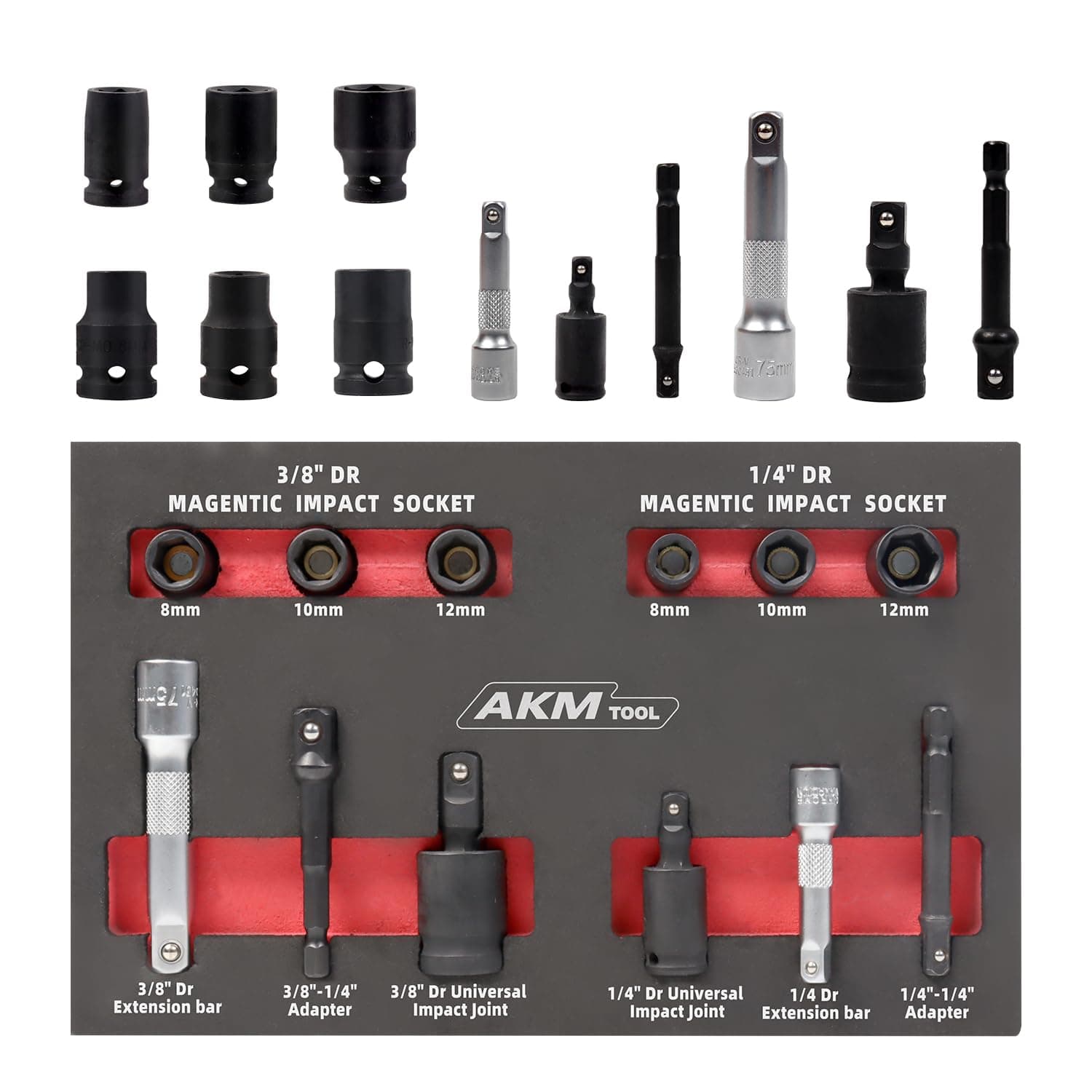 1/4"&3/8" Drive Magnetic Socket Set, Universal Impact Socket Set, 12-Piece, Metric, 6 Point, Cr-Mo Steel, Includes Socket Adapters, Extensions and Universal Joints