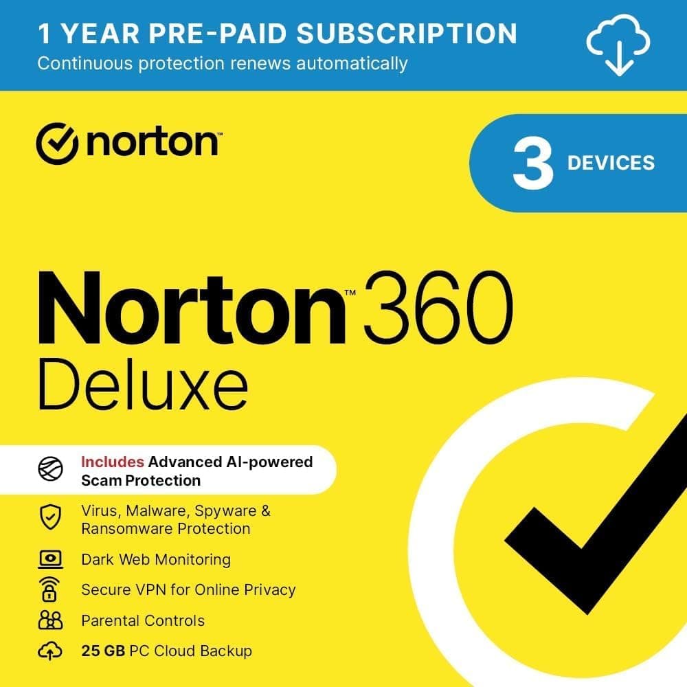 Norton 360 Deluxe 2026, Antivirus Software for 3 Devices and 1-Year Subscription with Automatic ‎Renewal, Includes Secure VPN and Password Manager, PC/Mac/iOS/Android, Activation Code by email