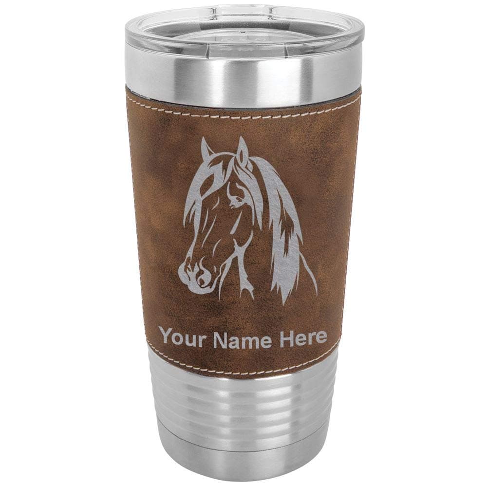 20oz Vacuum Insulated Tumbler Mug, Horse Head 1, Personalized Engraving Included (Faux Leather, Rustic)