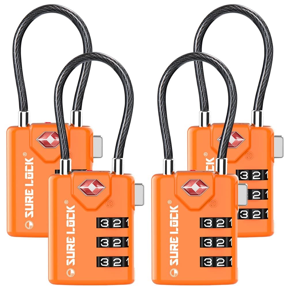 SURE LOCK TSA Approved Combination Luggage Locks with Open Alert Indicator – Durable Zinc Alloy Cable Travel Locks with Large Easy-Read Dials for Suitcases, Backpacks & Gym Bags Orange 4 Pack