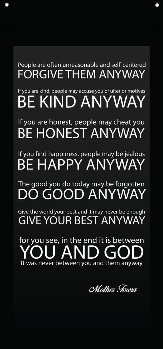 Mother Teresa Quote - 14x30" - Black and White Large Canvas Wall Banner - Religious & Inspirational - "Do It Anyway" Quote