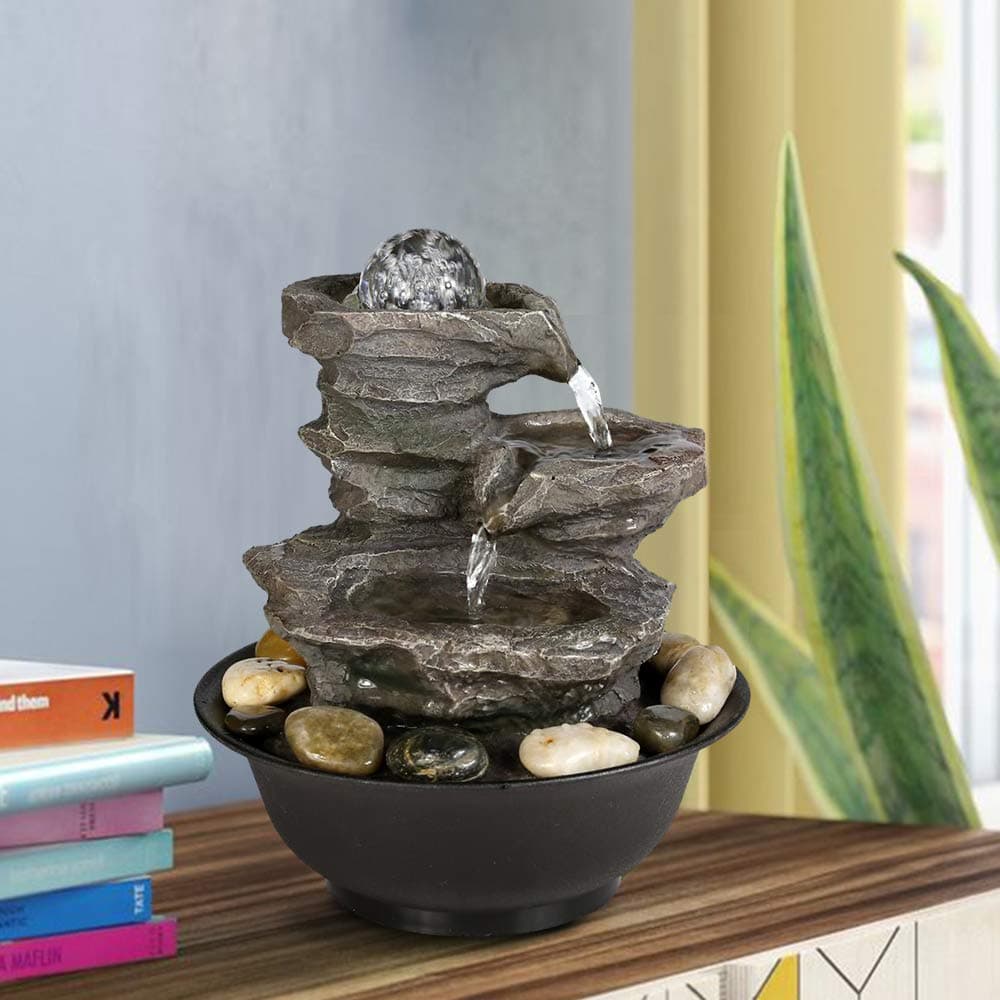 3 Tier Rock Fall Tabletop Zen Fountain 11 2/5", Feng Shui Meditation Waterfall Fountain with Crystal Ball Accent and LED Light for Indoor Home Office Decoration