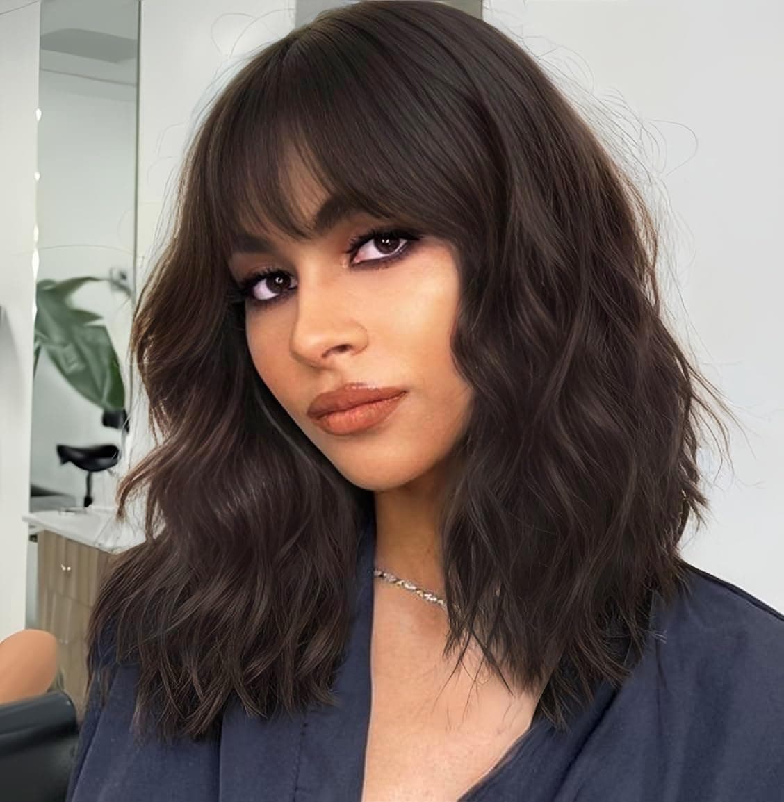 Dark Brown Short Wavy Bob Wig with Air Bangs for Women Black Mixed Brown Curly Synthetic Hair Wig Charming Natural Looking Shoulder Length Heat Resistant Bob Wigs for Daily Costume Use