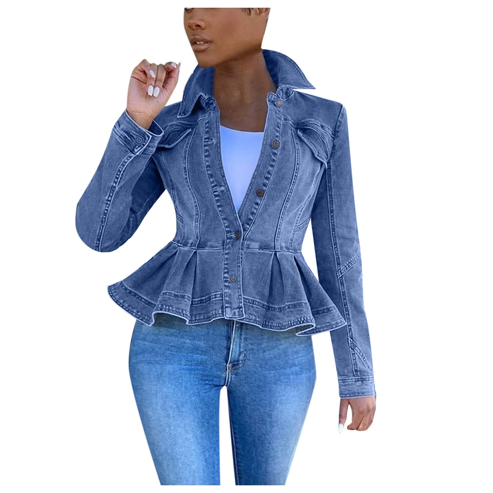 Women Casual Denim Jacket - Long Sleeve Buttom Ruffle Shoulder Jean Jackets Peplum Coat Plus Size