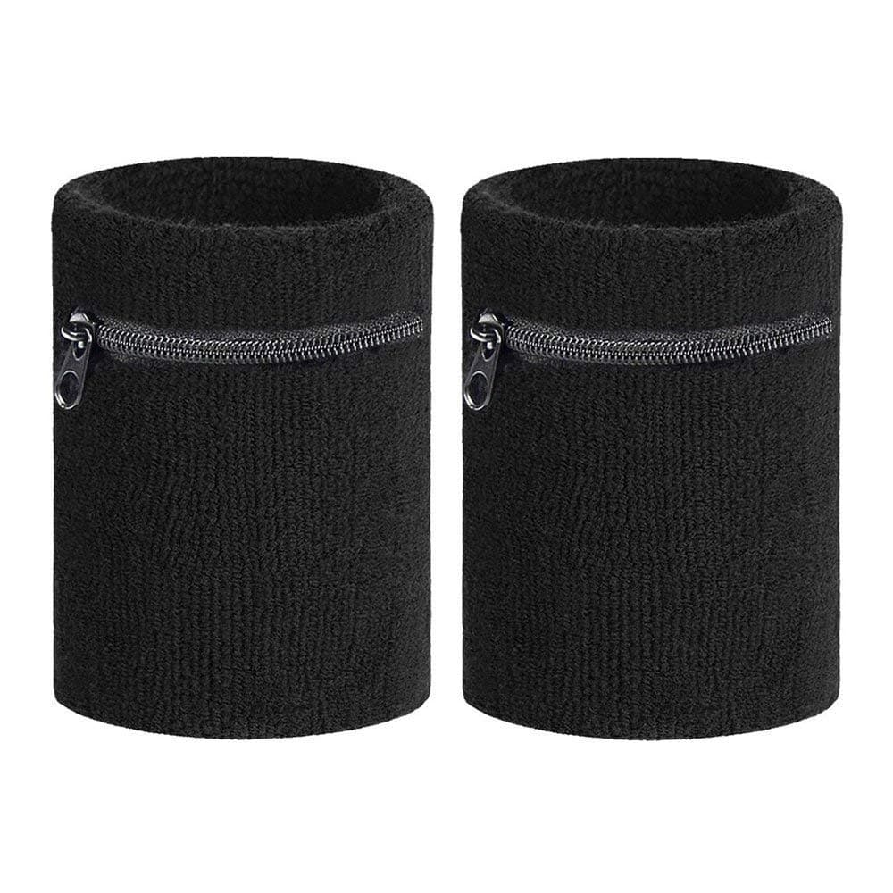 2pcs Thick Sport Wristband with Zipper/Wrist Wallet Sweatband Wrist Support for Men & Women Gym,Running,Walking,Basketball,Tennis,Hiking,Travel (Black)