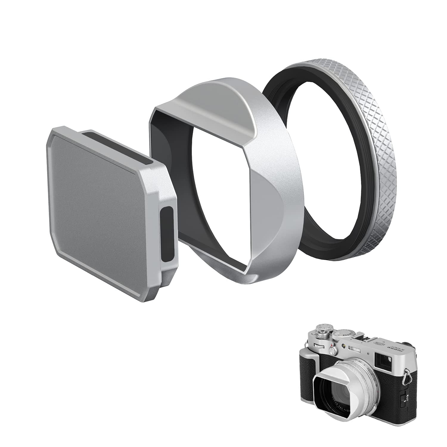 YC Onion Square lens hood aluminum alloy suitable for Fujifilm Fuji camera X100V/X100T/X100F with 49mm Filter Adapter Ring to protect the camera lens-Silver(LENS HOOD/ADAPTER RING/LENS CAP)combination