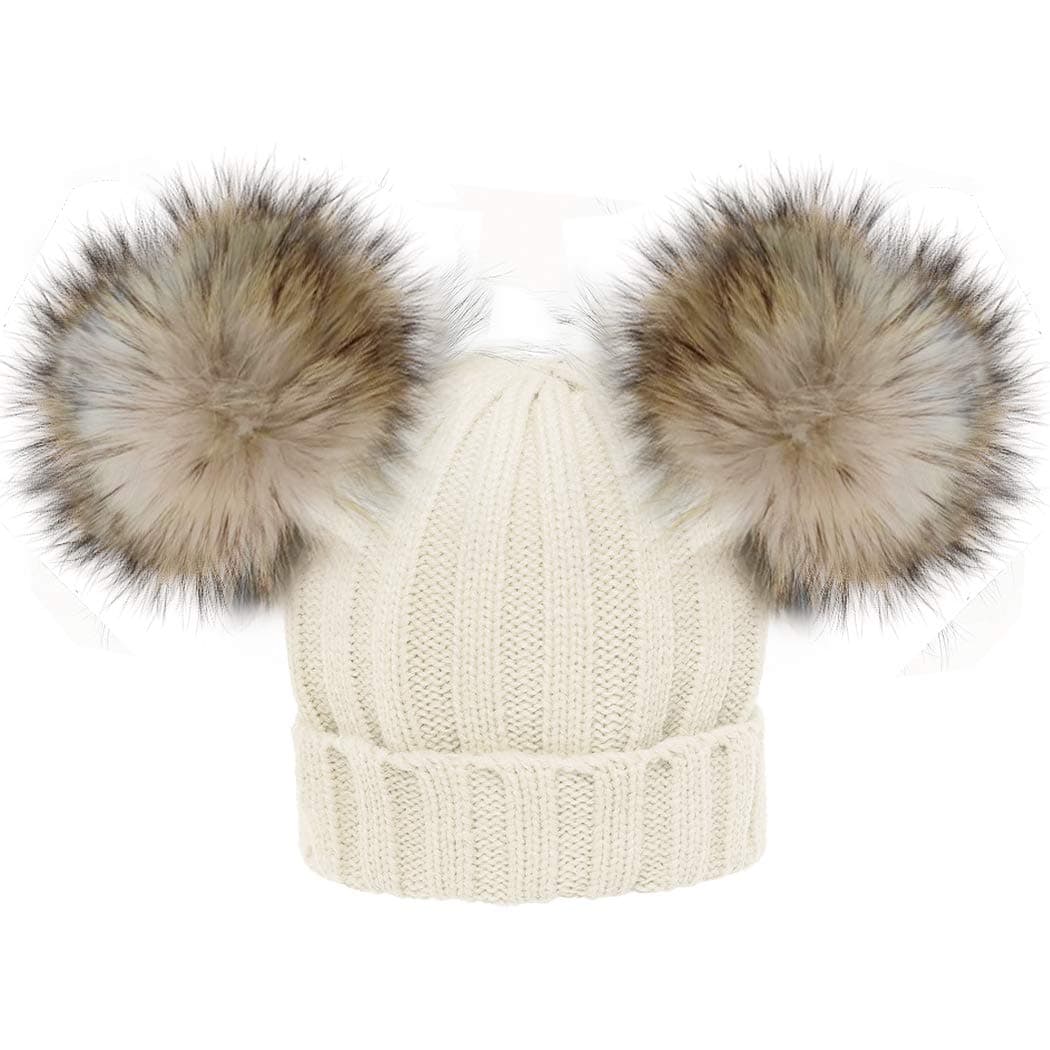 Baby Winter Faux Fur Beanie Hat Kids Knitted Double Pompom Ball Bobble Ski Cap