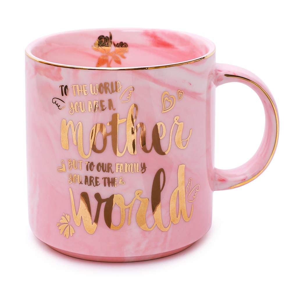 Moms Mug - Mothers Day Gifts and Birthday Gifts - To the World You Are a Mother But To Our Family You Are the World - Ceramic Marble Cups 13 oz (Pink)