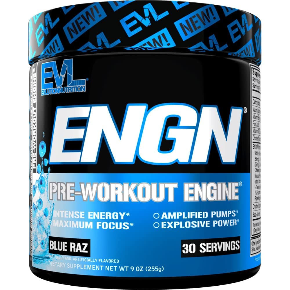 EVL Intense Pre Workout with Creatine - ENGN Energizing Pre Workout for Men Powder Drink for Lasting Energy Focus and Recovery - with Beta Alanine Caffeine and L Theanine - Blue Raz