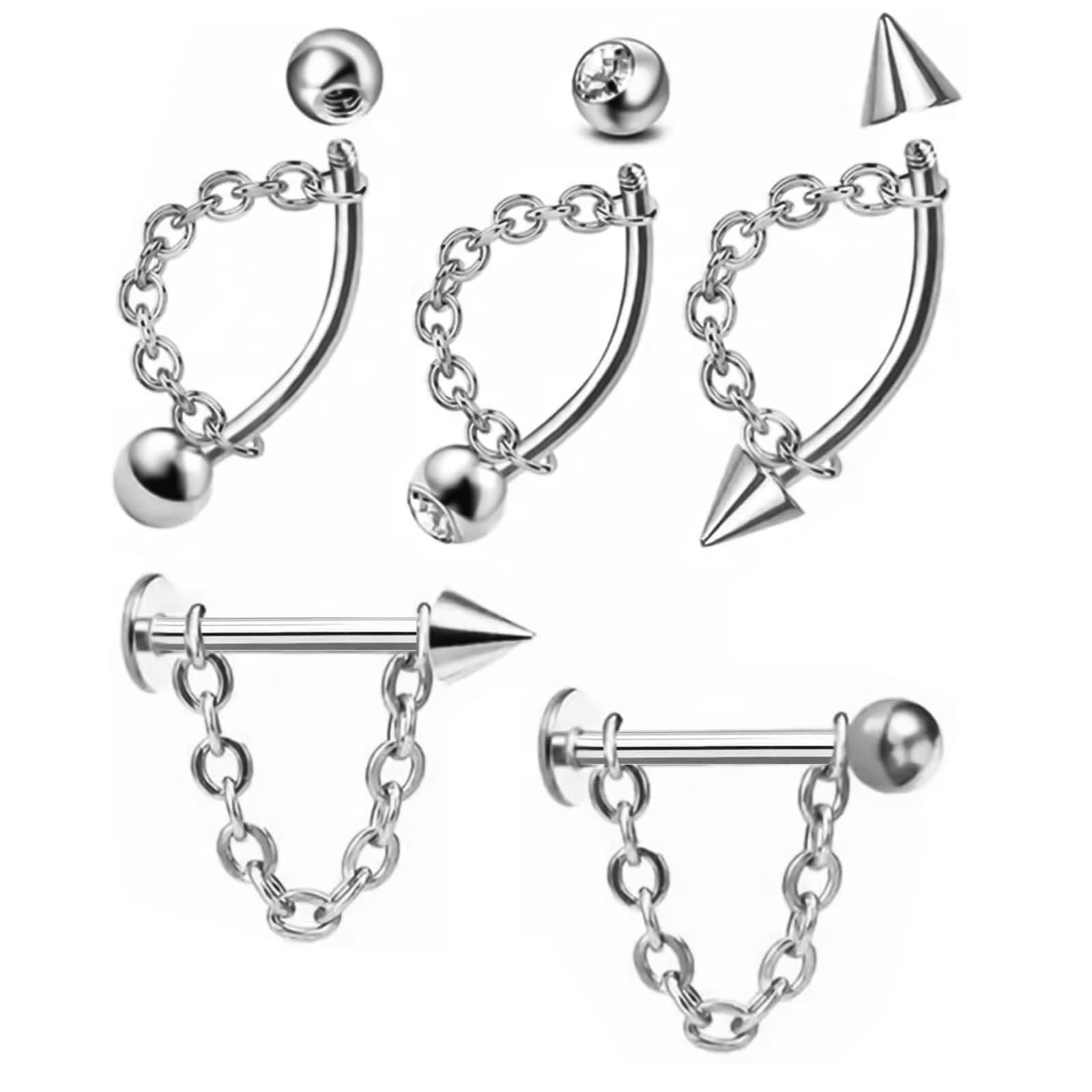 5 Pcs Vertical Labret Lip Piercing Jewelry 316L Stainless Steel 16G Tragus Helix Rook Piercing Jewelry with Chain Cartilage Earrings for Women Men
