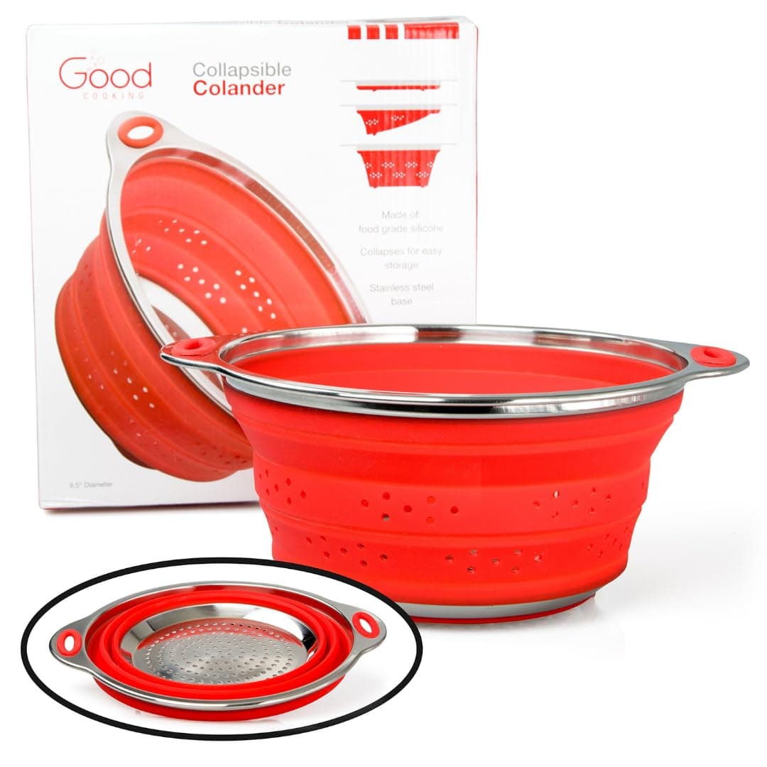Collapsible Colander Pasta Strainer with Stainless Steel Base (Extra Large 9.5" Diamater)- 100% Food Grade Silicone and BPA Free