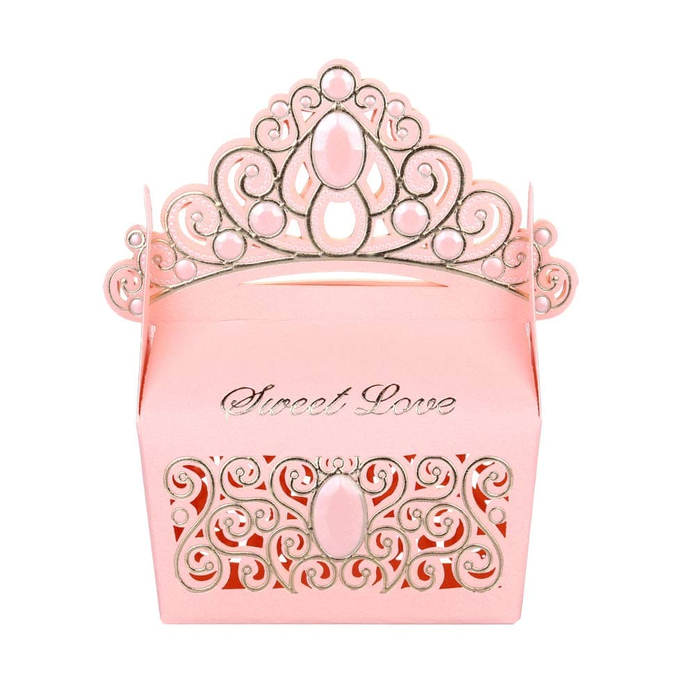 Keweis 50pcs Candy Boxes Shiny Glitter Crown Sweet Love for Wedding Favor Valentine Party Favor Gift Bag (Pink)