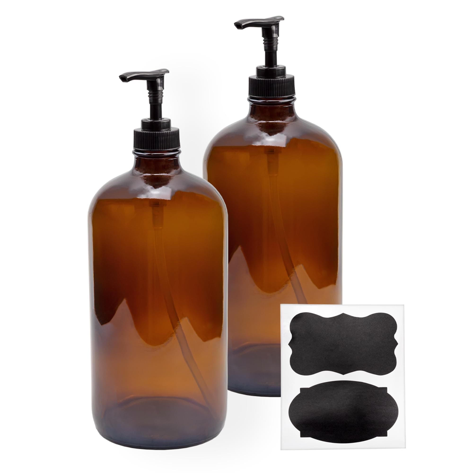 Cornucopia Brands 32-Ounce Amber Glass Lotion Pump Bottles (2-Pack); Quart Size Brown Bottles w/Black Plastic Soap & Lotion Locking Pump Dispensers; Includes Chalk Labels