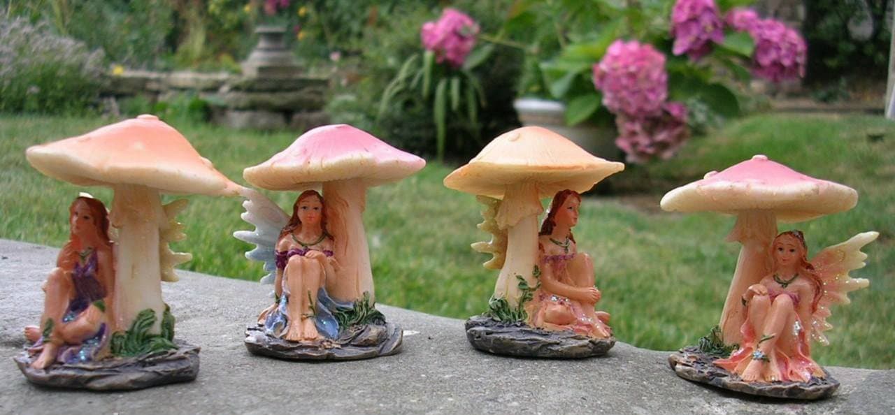 Set of 4 Fairies Under Mushroom Garden Ornament Faerie Enchanted Fairy Figures