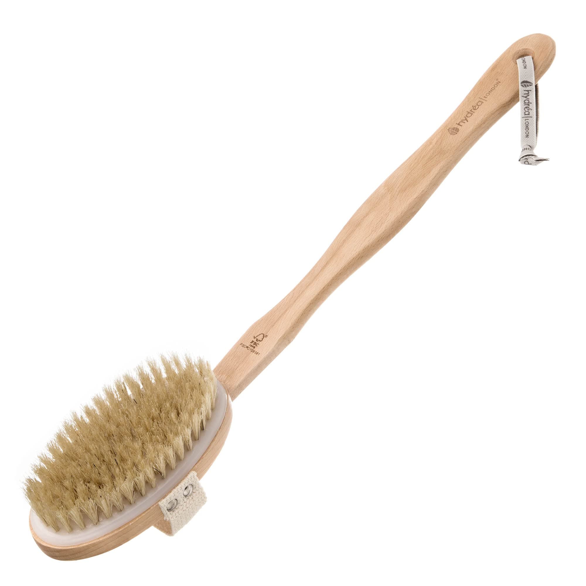 Hydrea London Body Brush Back Scrubber - Shower brush with long handle 100% Natural Bristle, Dry Skin Brush, Exfoliating Cellulite Brush - FSC® Certified Beechwood.
