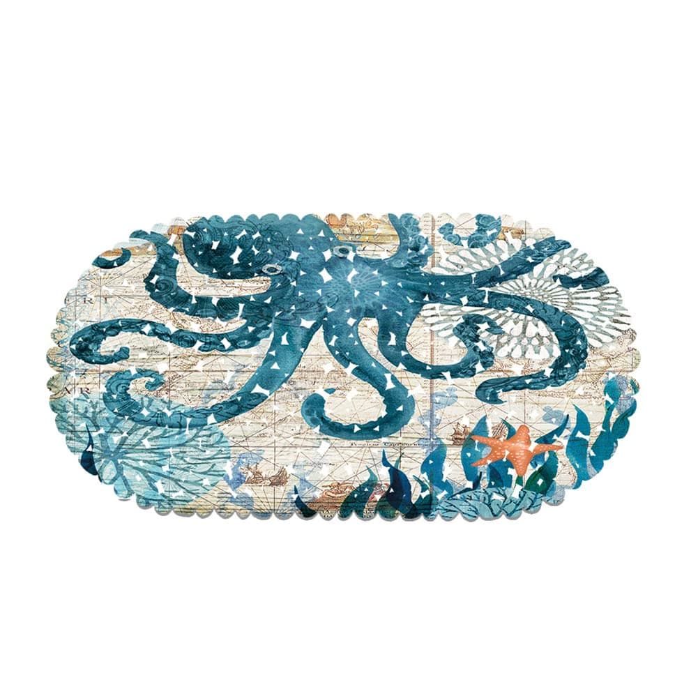 Non Slip Octopus Bathtub Mat with Suction Cups, Oval Pebble Shower Mat for Baby Tub,Safety Vinyl Anti-Skid Decoration Bath Mat, Coastal Ocean Beach Nautical Themed Decor Bathroom Accessories
