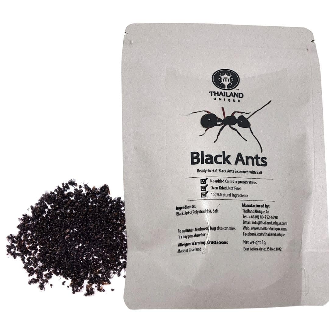 Thailand Unique Black Ants Salted - 5 Gram Bag of Dyhydrated Edible Insects for Humans, Healthy Superfood Bugs Weird Unusual Snack Gift