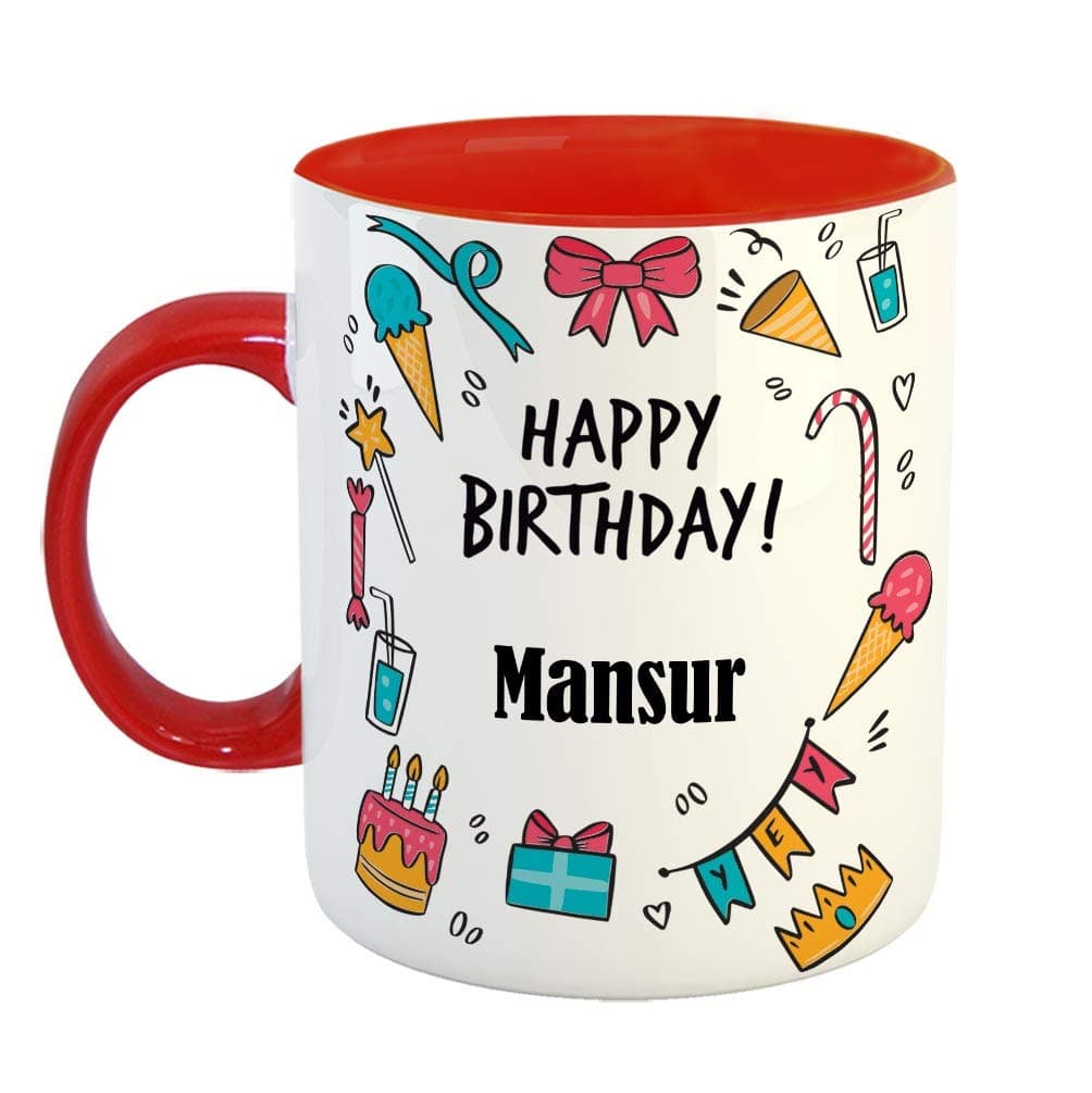 FurnishFantasy Ceramic Coffee Mug - Best Gift for Happy Birthday Mug , Color - Red, Name - Mansur