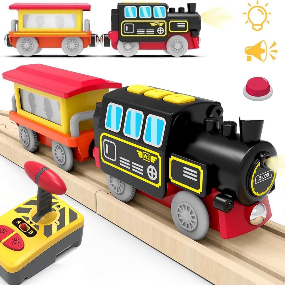 Motorized Trains for Wooden Track, Remote Control Train with Magnetic Connection, Battery Operated Locomotive Trains Set Compatible with Thomas, Brio, Chuggington - Train Toys for Toddlers