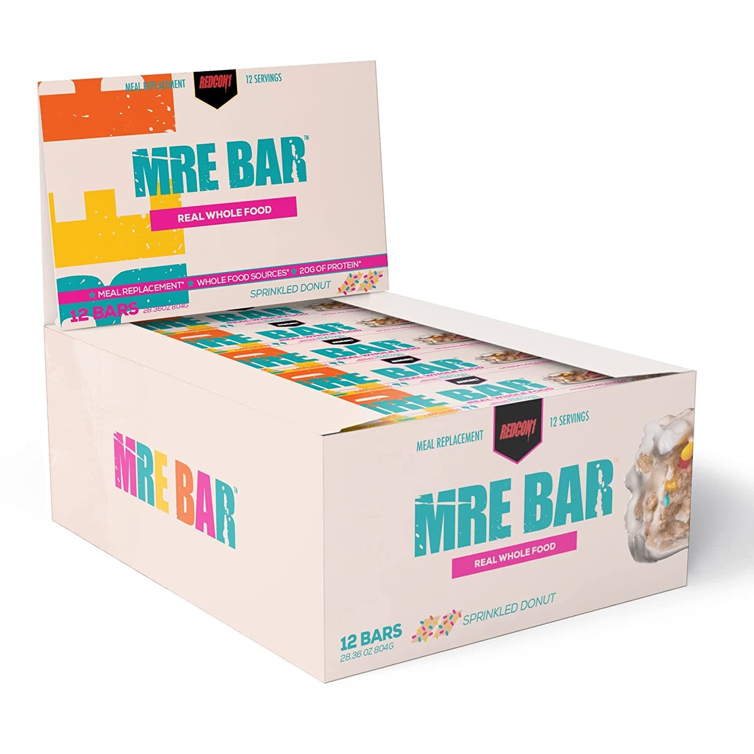 REDCON1MRE Protein Bar, Sprinkled Donut - Contains MCT Oil + 20g of Whole Food Protein - Easily Digestible, Macro Balanced Low Sugar Meal Replacement Bar (12 Bars)