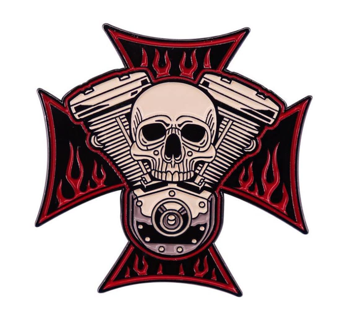 dihaoEngine Block Skull Brooch Skull Iron Cross Enamel pin Motorcycle Biker Badge