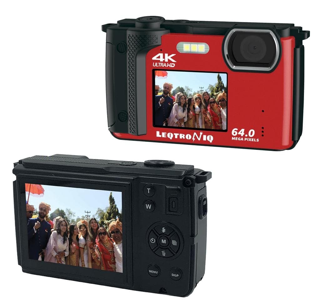 LEQTRONIQ Dual Screen 64MP 4K Ultra HD Video Camera with Autofocus, 16X Digital Zoom for Vlogging, Sports, Traveling, Home Videos (Red)