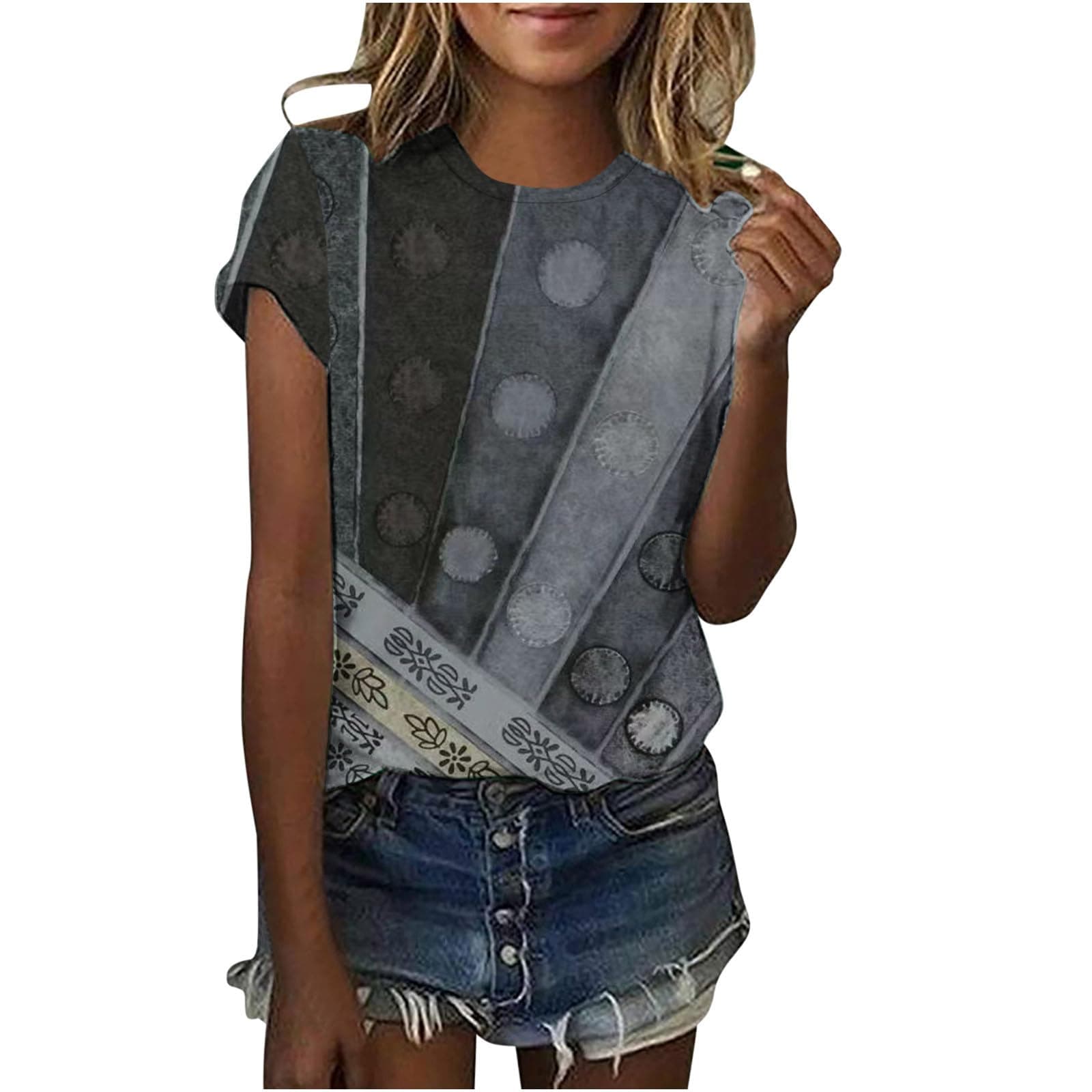 SMIDOWWomen's Fashion Geometry Printed Shirts Summer Casual Short Sleeve Round-Neck Tops Comfy Blouse T-shirt Tops