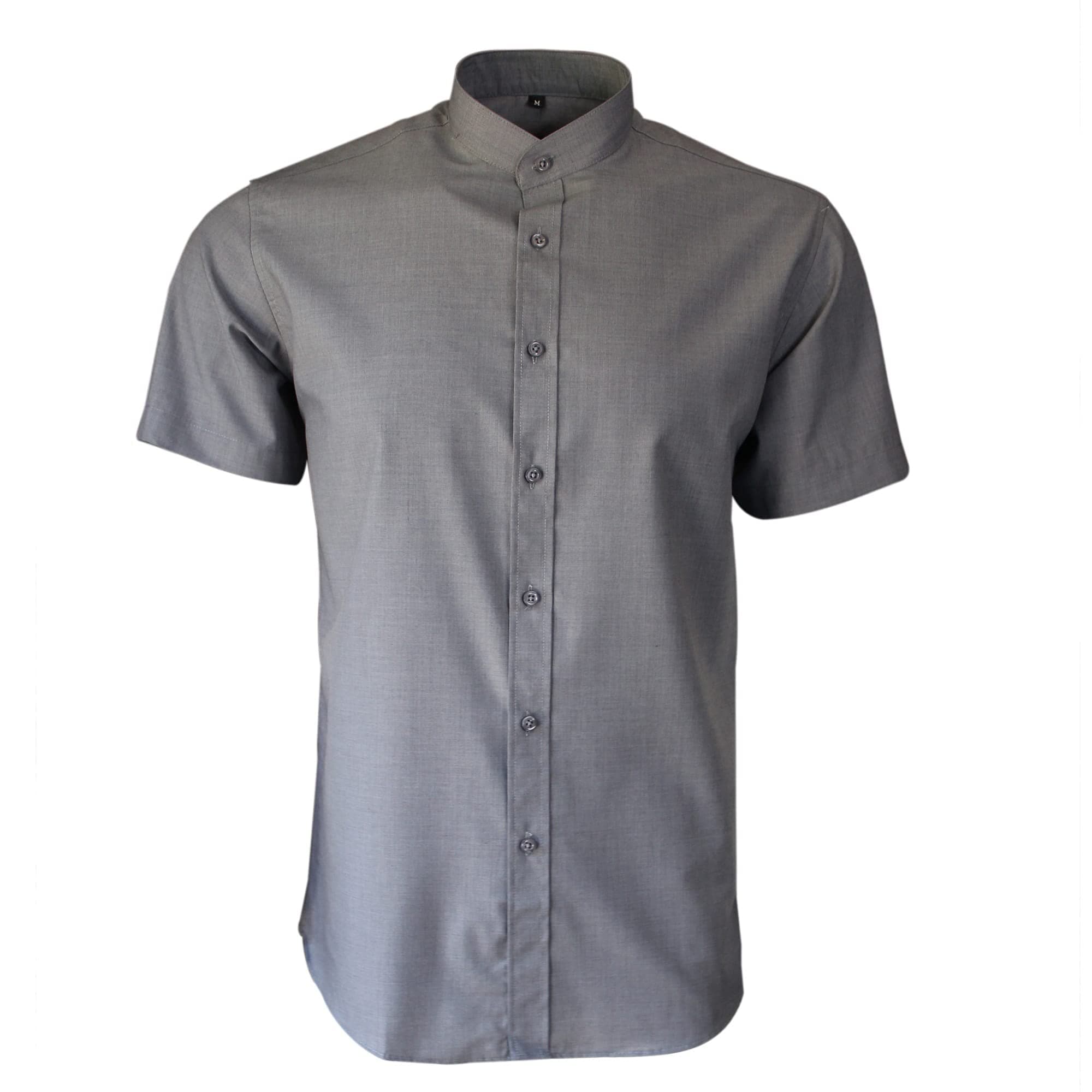 Men's Luxury Cotton Polyester Grandad Mandarin Collar Short Sleeves Shirt, Grey, XL Short