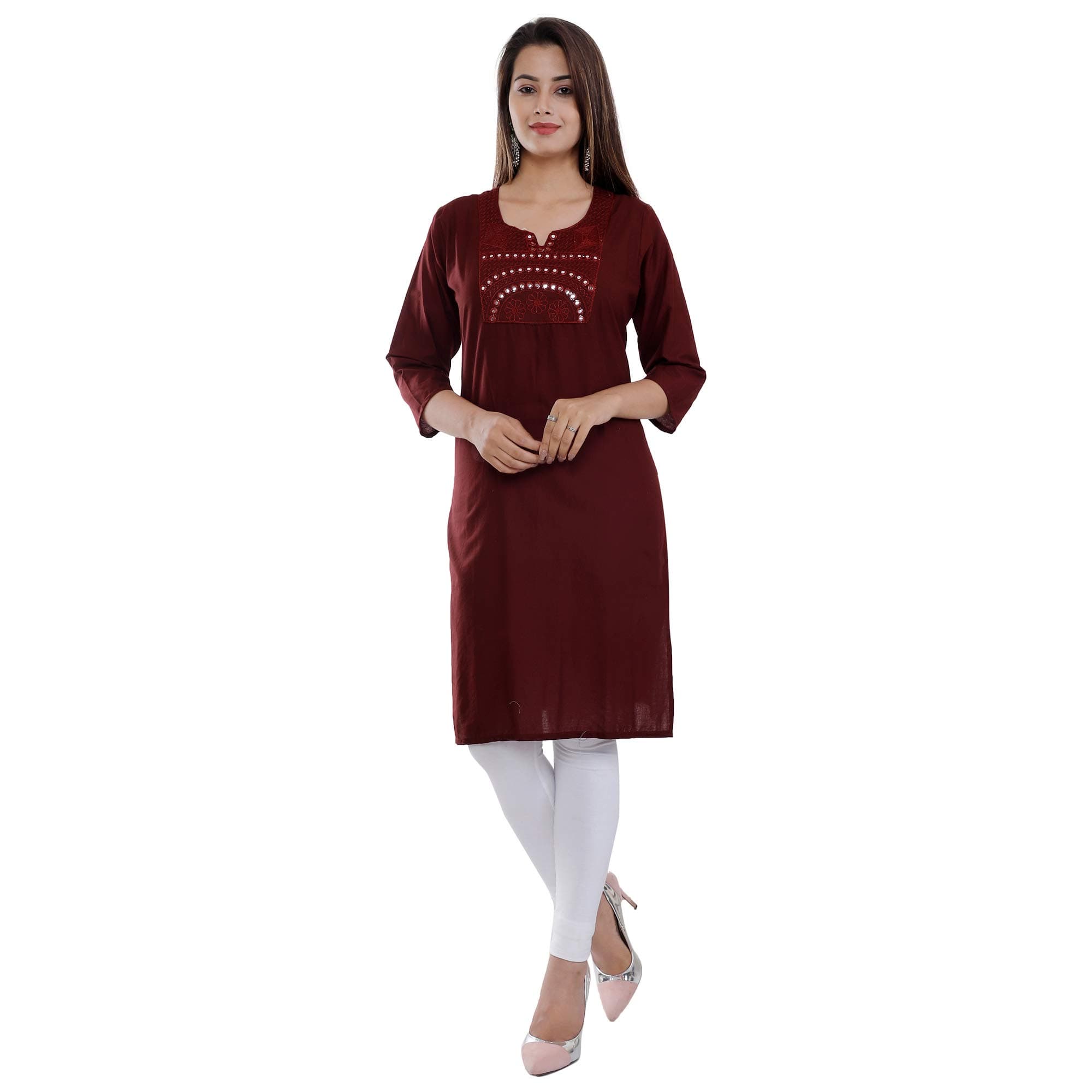 RamkudiIndian Women's Plain Embroiderd Cotton Straight Kurti Top