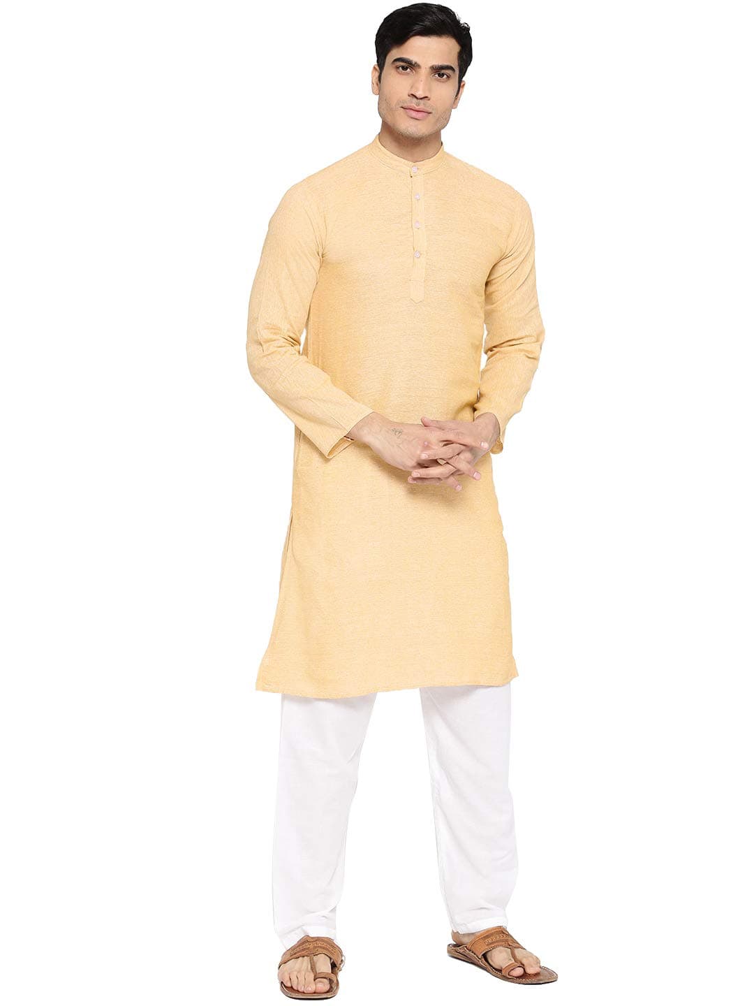 Vastraa Fusion Men's Cotton Solid Kurta Pajama Set (VS1153-42_Fawn_X-Large)
