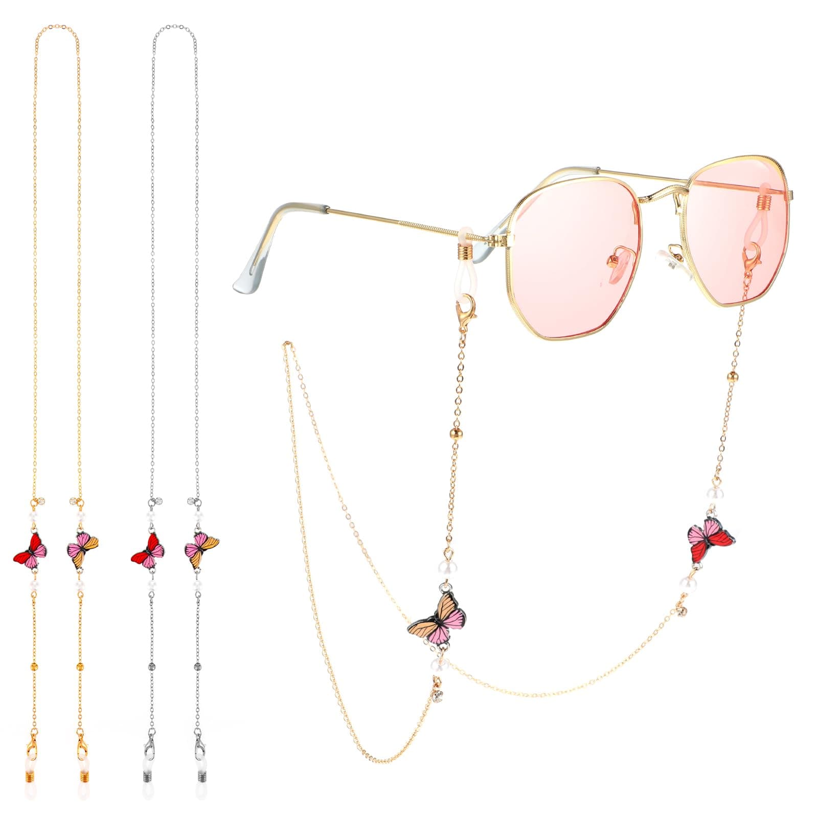 Amabro Eyeglasses Chain for Women, 2 PCS Butterfly Beaded Glasses Straps Mask Lanyard Necklace Eyewear Retainer Chain
