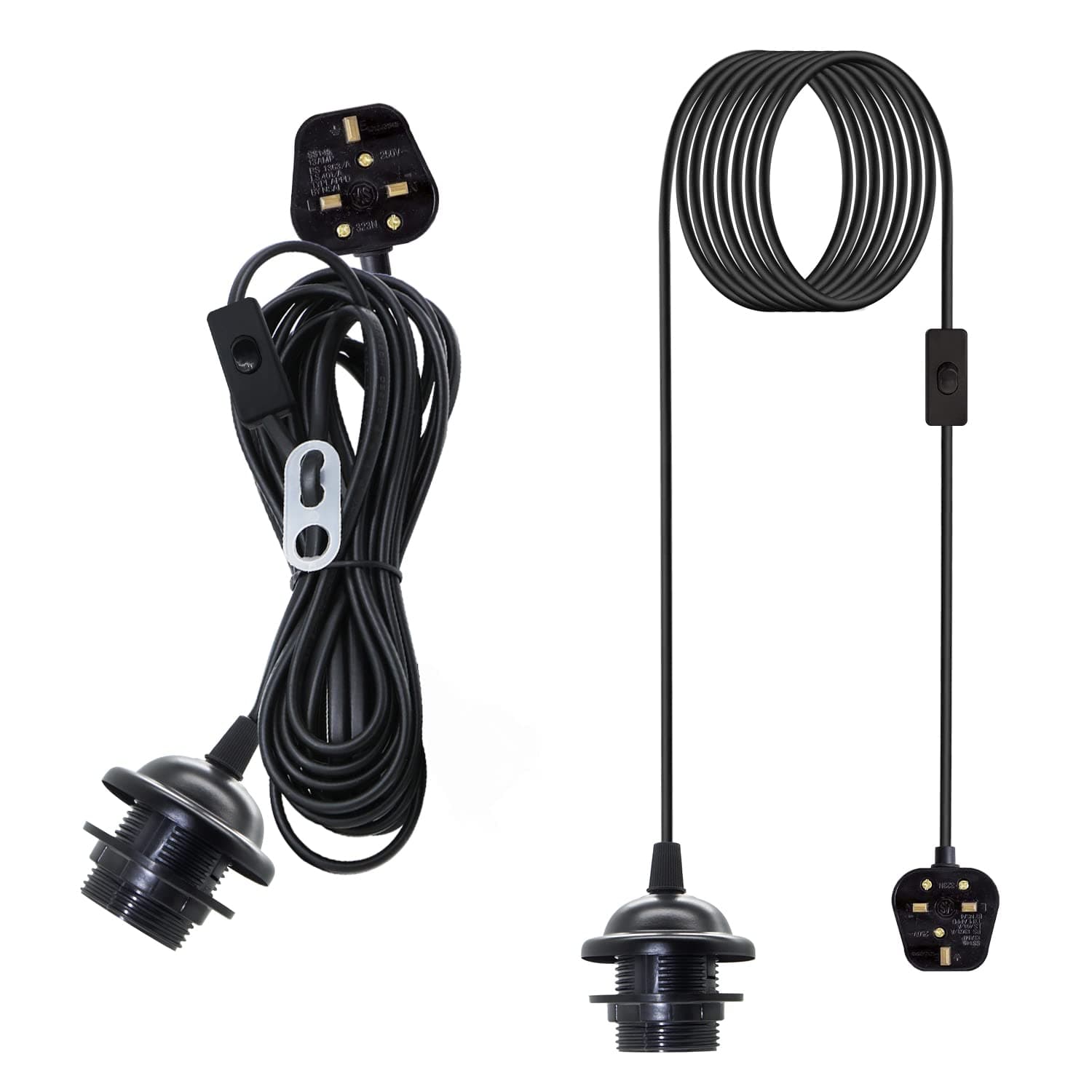 Plug in Pendant Lighting Fitting, 2PCS Plug in Ceiling Light, 450CM Suspended Pendant Light with E27 Lamp Holder,Black Hanging Light with Plug and On/Off Switch,Can Add Lampshade,for Bedroom Kitchen [Energy Class E]