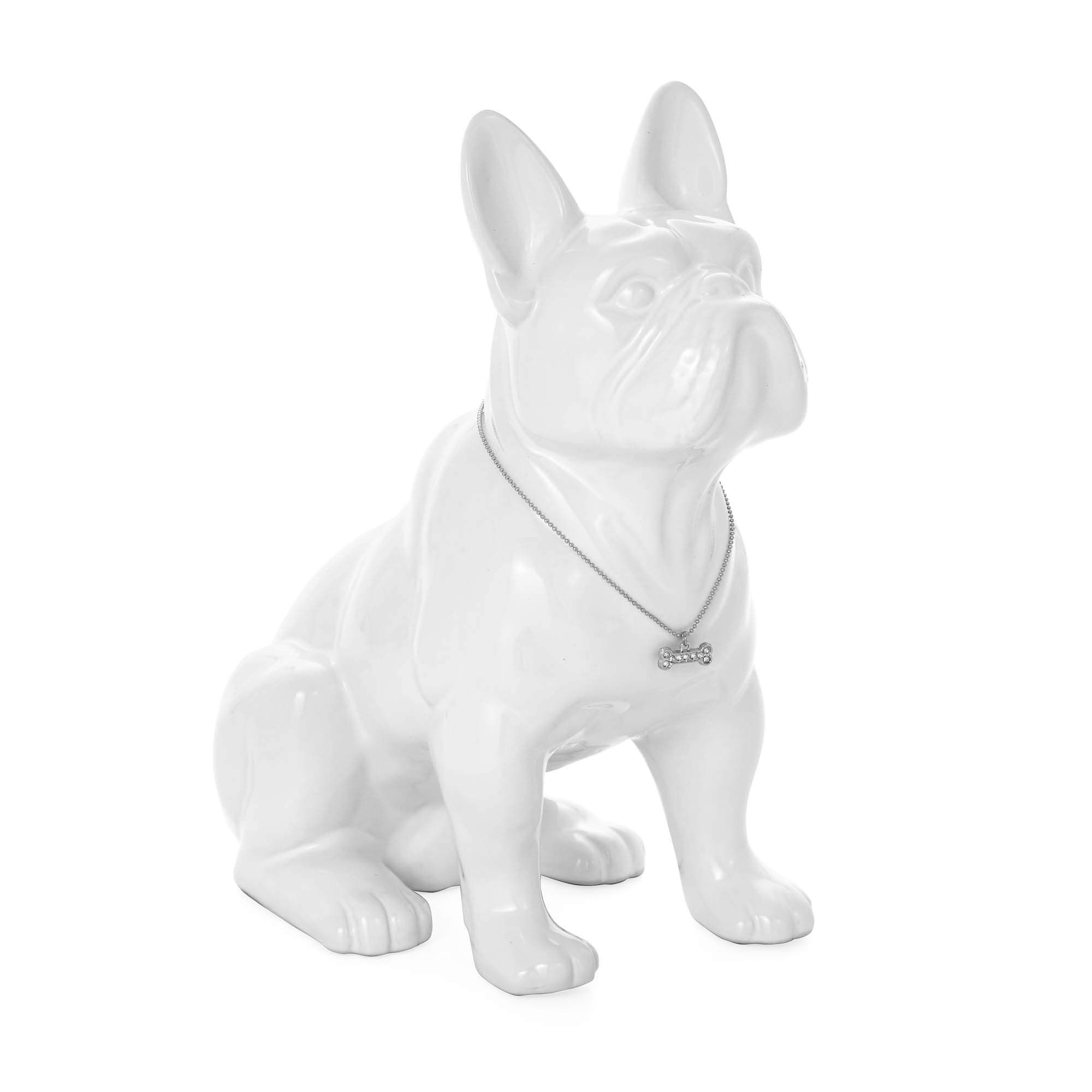 Torre & Tagus Sitting French Bull Dog Statue - 12” Tall French Bull Dog Sculpture for Living Room Mantle - Dog Room Decor - Ceramic White Dog Statue with Silver Necklace for Bedroom, Office - White