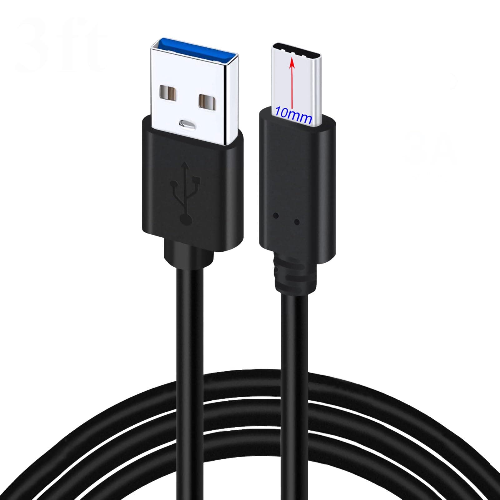 3FT USB Type C Cable - 10mm Long Tip - 3A Fast Charging Data Sync Cord for Blackview BV6600E BV6600 BV5900 BV5100 BV6100 BV6300 BV6900 BV9800 BV9900E BV9900 Pro Rugged Phone | A100 A90 A70E