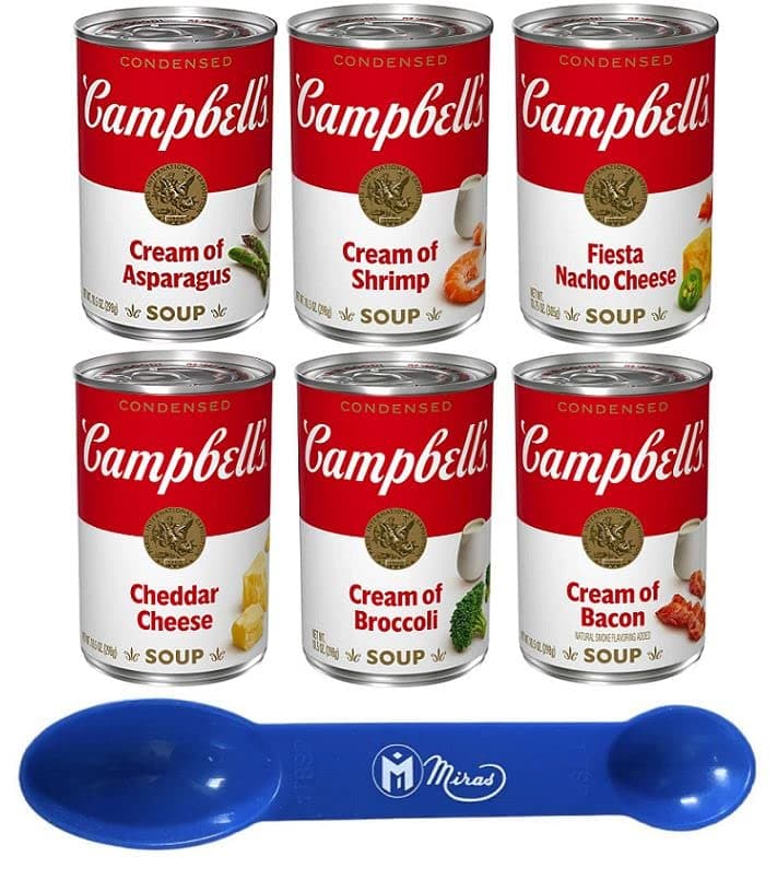 (Pack of 6) Campbells Soup Variety Bundle 10.5 oz Cans Cream of Shrimp, Cheddar Cheese, Asparagus, Bacon, Broccoli, & Nacho Cheese Flavors (Free Miras Trademark 2-in-1 Measuring Spoon Included!)