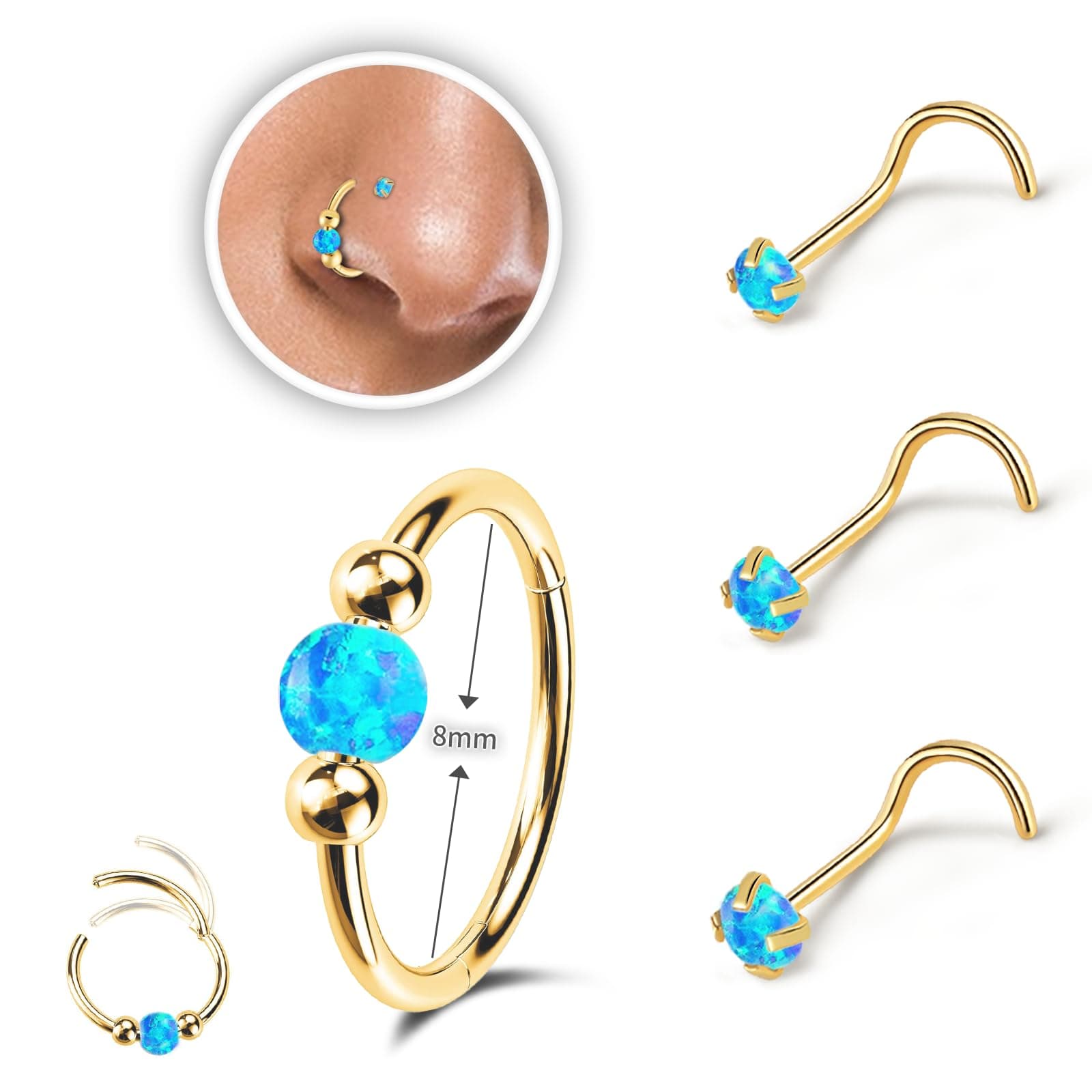 2PCS 18g Opal Nose Rings for Women Nose Hoops 8mm/10mm Hypoallergenic 316L Surgical Steel Nose Rings Piercing Jewelry Can Be Used as a Nose Ring, Septum Ring, and Cartilage Earring