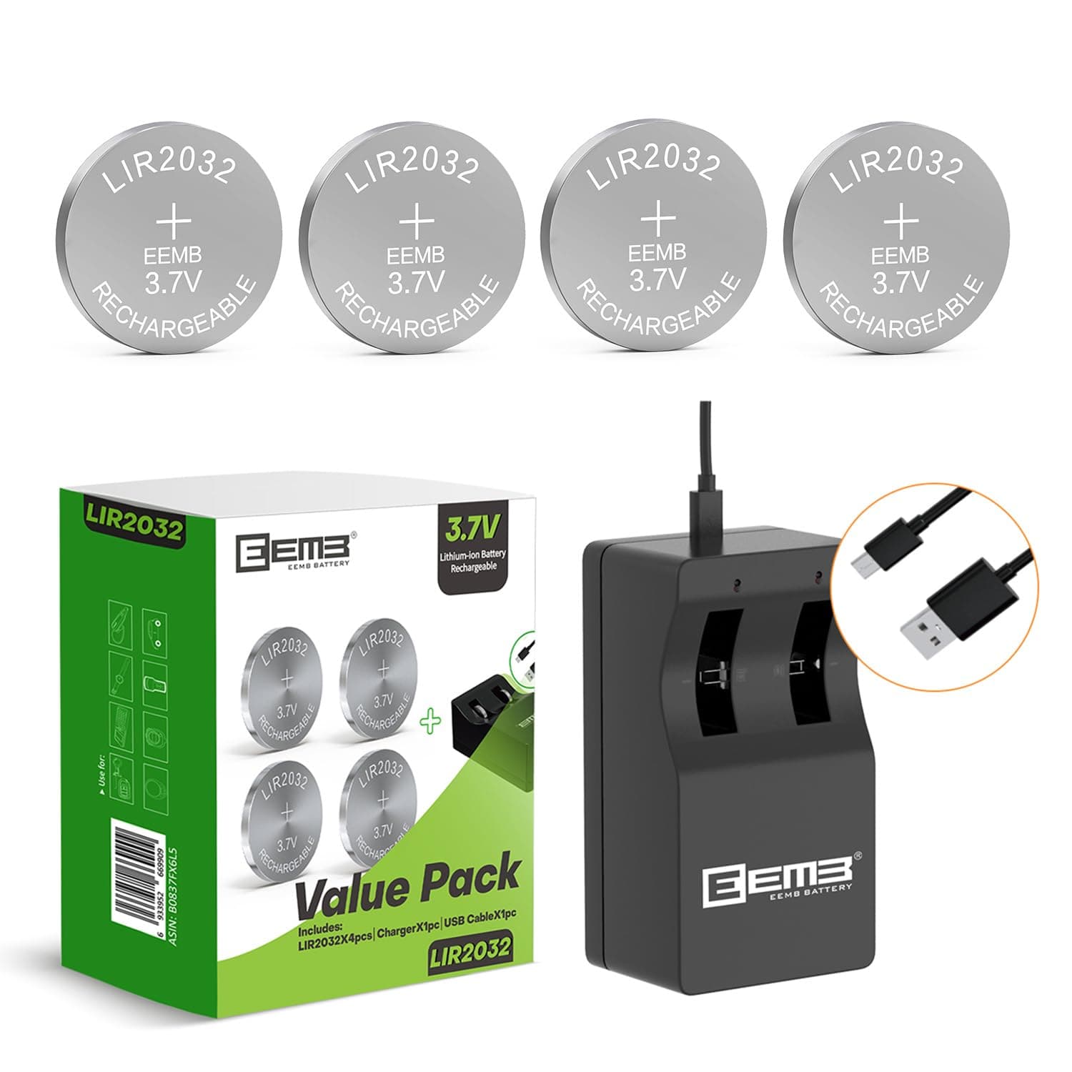 EEMB LIR2032 Rechargeable Battery Charger with 4PCS 3.7V Lithium-ion Coin Button Cell Batteries 45mAh for Car Remote Key Fob Watch