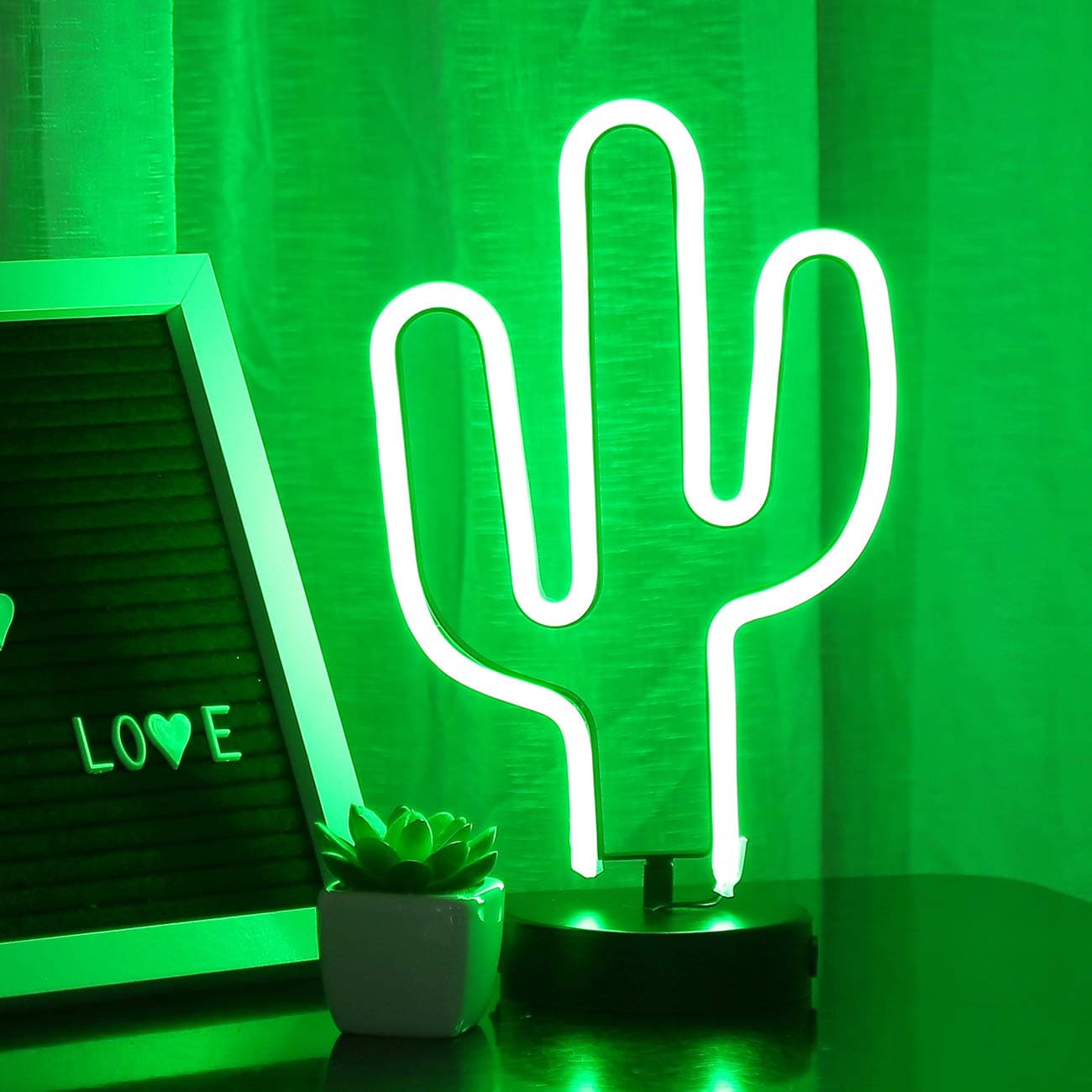 Bolylight Led Neon Light Sign with Base Night Light Glowing Decorative Table Lamp Party Supplies Centerpiece for Room Party Festival Decorations (Green Cactus)
