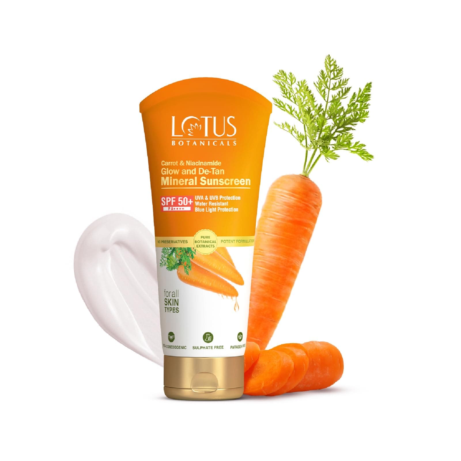 Lotus Botanicals Carrot & Niacinamide Glow and De-Tan Mineral Sunscreen | SPF 50+ | 50g