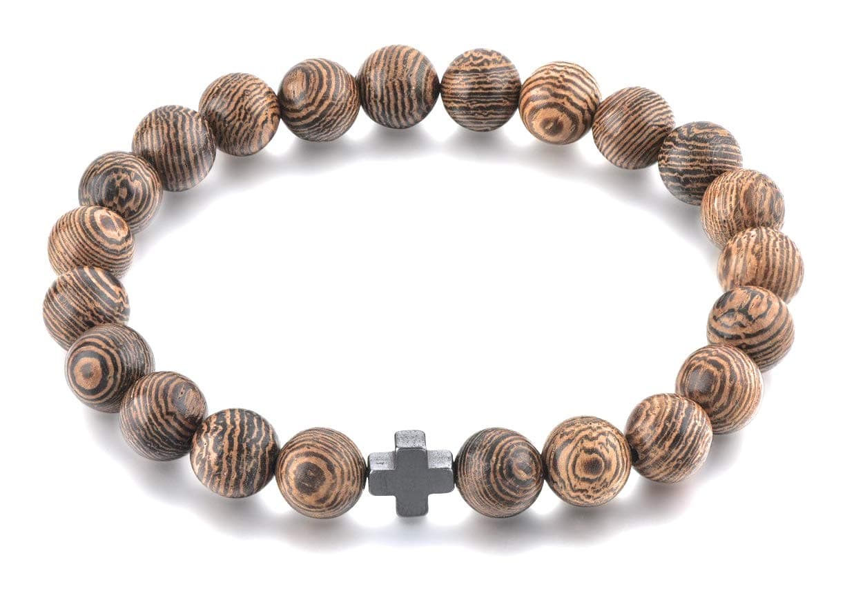 Christian Prayer Beads Bracelet – 22 8MM Wooden Beads & Cross – Youth/Adult Size!