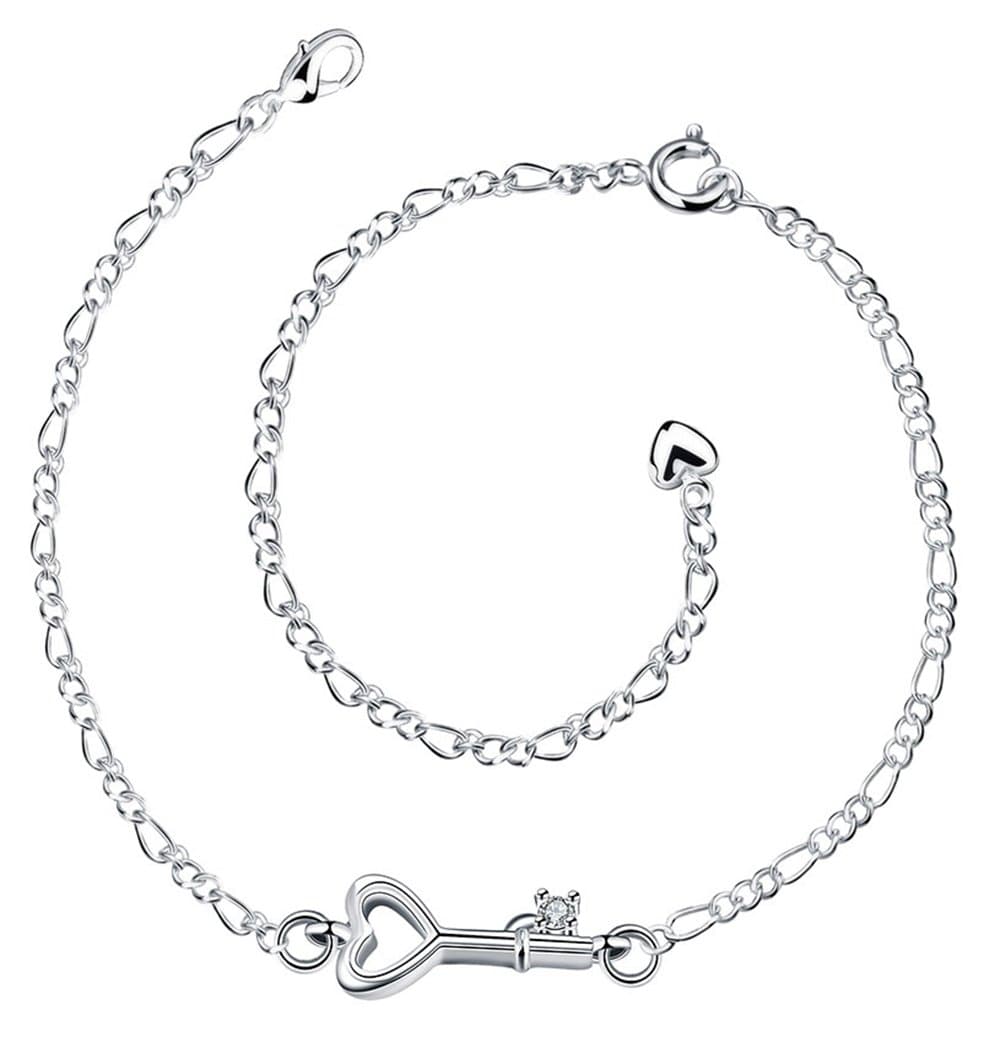 Greendou 925 Sterling Silver Plated Cute Love Key Zircon Pendant Adjustable Chain Anklet